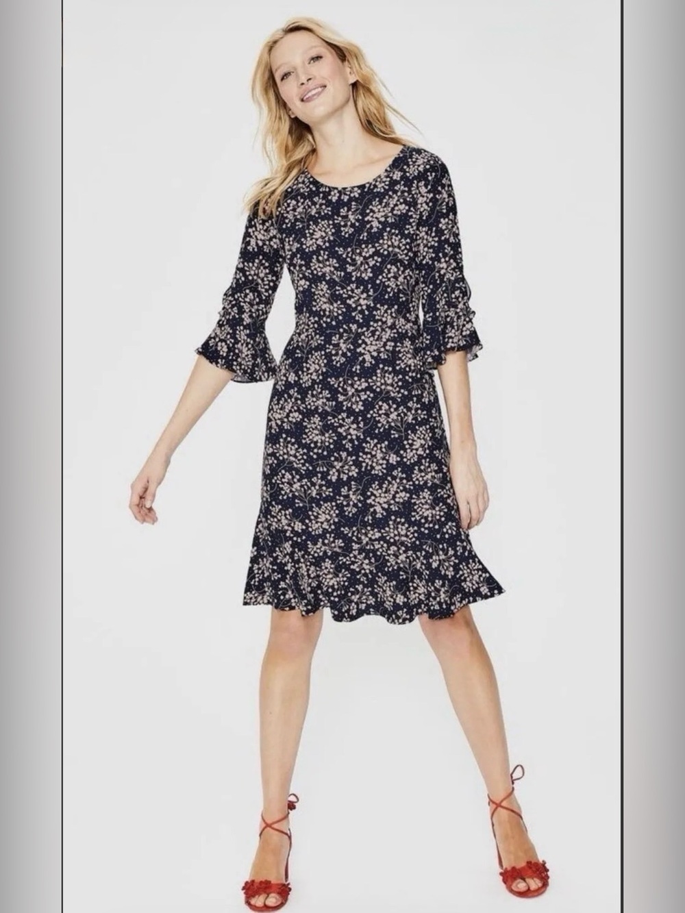 NWT Boden Indie Navy Pink Floral 100% Viscose Flounce Dress Size US 8L 8 Long